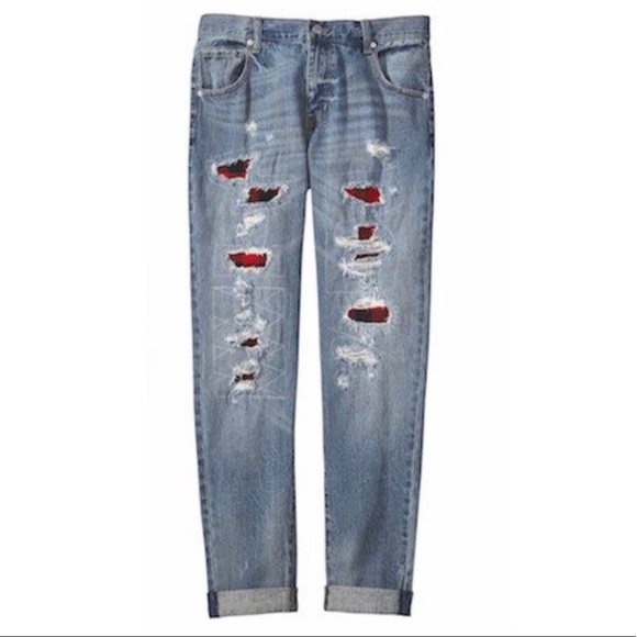 ripped jeans with flannel patches